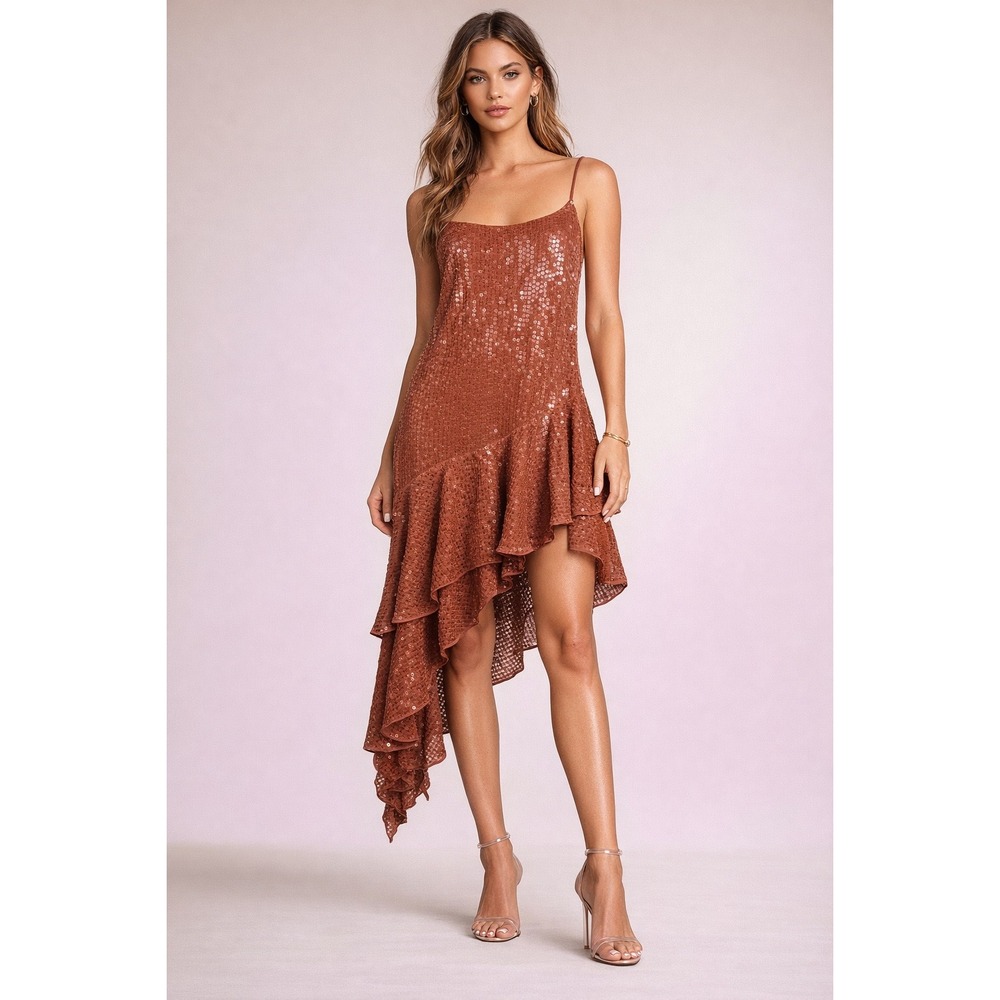 NWT Mac Duggal 10796 Sequined Ruffle Asymmetrical Hem Sleeveless Dress Bark Sz 2